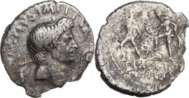 Pompey the Great. AR Denarius 42-40 BC, Sicily. Obv. Head of Pompey the Great right, between capis and lituus. Rev. Neptune left, foot on prow, betwee...