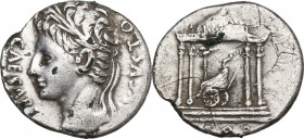 Augustus (27 BC - 14 AD). AR fourree Denarius, Colonia Patricia mint, 18 BC. Obv. Laureate head right. Rev. Tetrastyle temple with domed roof set on p...