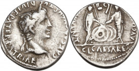 Augustus (27 BC - 14 AD). AR Denarius, Lugdunum mint, 2 BC-4 AD. Obv. Laureate head right. Rev. Caius and Lucius Caesar standing facing, resting hands...