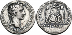 Augustus (27 BC-14 AD). AR Denarius, 2 BC-14AD. Obv. Laureate head right. Rev. Caius and Lucius Caesars standing facing, shields and spears between th...