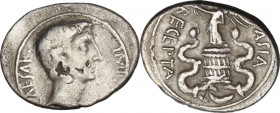 Augustus (27 BC - 14 AD). AR Quinarius, uncertain mint in Asia Minor, 29-26 BC. Obv. Head right. Rev. Victory standing on cista mystic between two coi...