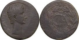 Augustus (27 BC - 14 AD). AE Sestertius, Pergamon mint, 25-15 BC. Obv. Head right. Rev. CA withing laurel wreath. RIC I (2nd ed.) 501. AE. 26.40 g. 35...