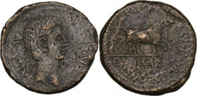 Augustus (27 BC - 14 AD). AE As, Caesaraugusta (Spain). Q. Lutatius and M. Fabius, duoviri. Obv. Laureate head right. Rev. Priest plowing right with y...