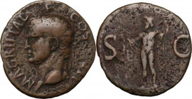 Agrippa (died 12 BC). AE As. Struck under Gaius (Caligula). Obv. Head left, wearing rostral crown. Rev. Neptune standing left, holding small dolphin a...