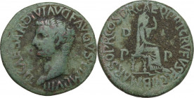 Tiberius (14-37). AE 30 mm, Utica mint (Zeugitania), 27-28. Proconsul Vibius Marsus, Questor Nero Caesar, Praetor A. M. Gemellus. Obv. Head left. Rev....