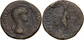 Antonia Minor, mother of Claudius (Augusta 37 and 41). AE Dupondius. Struck under Claudius, 41-42. Obv. Draped bust of Antonia right. Rev. Claudius, v...