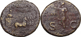 Germanicus (died 19 AD). AE Dupondius. Struck under Gaius (Caligula), 37-41 AD. Obv. GERMANICVS CAESAR. Germanicus driving triumphal quadriga right, h...