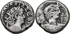 Nero (54-68). AR Tetradrahcm, Alexandria mint (Egypt), dated RY 12 (65-66). Obv. Radiate bust wearing aegis. Rev. Draped bust of Alexandria right, wea...