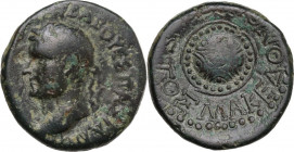 Vespasian (69 -79). AE 23 mm, Macedon. Obv. Laureate head left. Rev. Macedonian shield. RPC online 333. AE. 9.10 g. 23.00 mm. Dark green patina. VF.