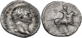 Domitian as Caesar (69-81). AR Denarius Rome mint 77-78 AD. Obv. Laureate head right. Rev. COS V. Soldier, raising hand, on horse rearing right. RIC I...