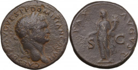Domitian as Caesar (69-81). AE Sestertius, 80-81. Obv. Laureate head right. Rev. Pax standing left, holding branch and cornucopiae. RIC II-p. 1 (2nd e...