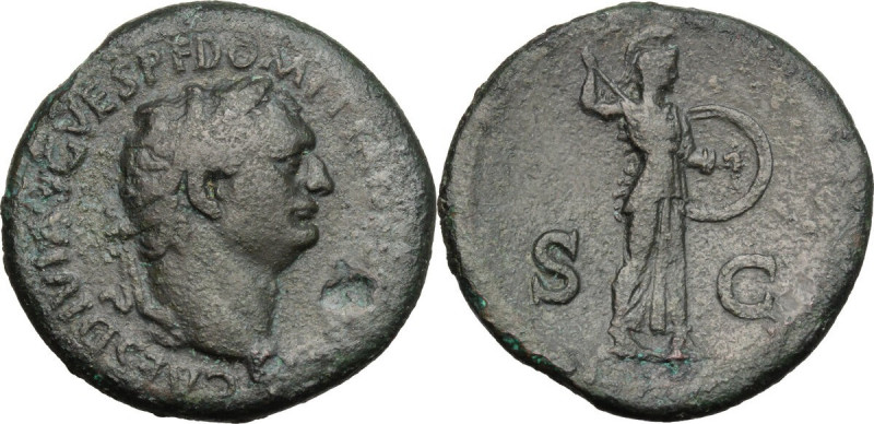 Domitian (81-96). AE Sestertius, 80-81 AD. Obv. Laureate head right. Rev. Minerv...