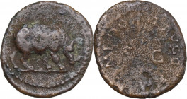 Domitian (81-96). AE Quadrans, 84-85. Obv. Rhinoceros. Rev. Large SC. RIC II-p. 1 (2nd ed.) 248. AE. 1.60 g. 17.00 mm. About VF.