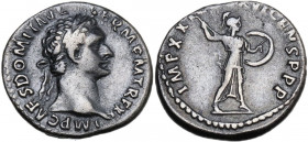 Domitian (81-96). AR Denarius, 92 AD. Obv. Laureate bust right. Rev. Minerva standing right, brandishing spear and holding shield. RIC II-p. 1 (2nd ed...
