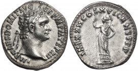 Domitian (81-96). AR Denarius, 93-94. Obv. Laureate bust right. Rev. Minerva standing left, holding spear. RIC II-p. 1 (2nd ed.) 764. AR. 3.11 g. 19.5...