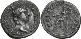 Trajan (98-117). AR Denarius, 98-99. Obv. Laureate head right. Rev. Victory seated left, holding patera and palm. RIC II 22. AR. 3.30 g. 19.00 mm. Dar...