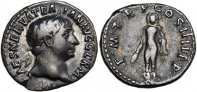 Trajan (98-117). AR Denarius, 101-102. Obv. Laureate head right. Rev. Hercules standing facing on altar, holding lion skin and club. RIC II 49. AR. 3....