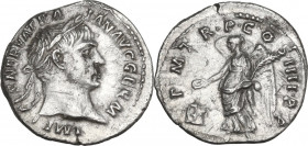 Trajan (98-117). AR Denarius, 101-102. Obv. Laureate head right. Rev. Victory standing left, holding pater and palm; to right, lighted altar. RIC II 6...