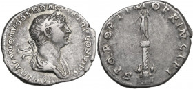 Trajan (98-117). AR Denarius, Rome mint, 112-117 AD. Obv. Laureate and draped bust right. Rev. Trajan's Column: column surmounted by statue of Trajan ...