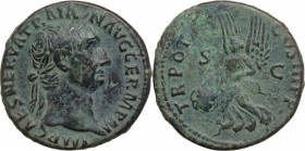 Trajan (98-117). AE As, 98-99. Obv. Laureate head right. Rev. Victoria flying left, holding shield inscribed SPQR. RIC II 417. AE. 10.90 g. 28.00 mm. ...