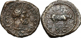 Trajan (98-117). AE Quadrans. Obv. IMP CAES TRAIAN AVG GERM. Bust of Hercules right, with lion's skin. Rev. SC in exergue. Boar walking right. RIC 702...