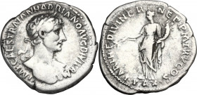 Hadrian (117-138). AR Denarius, 117 AD. Obv. Laureate bust right, slight drapery. Rev. Pax standing left, holding branch and cornucopiae. RIC 12. AR. ...