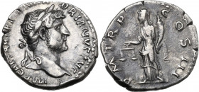 Hadrian (117-138). AR Denarius, 119-122 AD. Obv. Laureate head right. Rev. Aequitas or Moneta left, holding scales and cornucopiae. RIC II 80. AR. 3.1...
