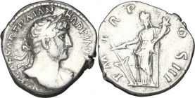 Hadrian (117-138). AR Denarius, 119-122. Obv. Bust right, laureate, draped on left shoulder. Rev. Fortuna standing left, holding rudder and cornucopia...