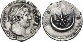 Hadrian (117-138). AR Denarius. Obv. Laureate head right. Rev. Star within crescent. RIC II 200. AR. 3.05 g. 18.00 mm. R. VF.