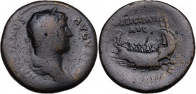 Hadrian (117-138). AE Sestertius, 132-135 AD. Obv. Laureate and draped bust right. Rev. Galley moving left, with rowers, steersman in stern. RIC II 70...