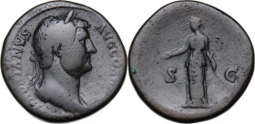 Hadrian (117-138). AE Sestertius 137-July 138 AD. Obv. Laureate head right . Rev. Diana standing left, holding arrow and bow. . RIC II 777. AE. 27.37 ...