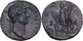Hadrian (117-138). AE Sestertius, Rome mint. Obv. HADRIANVS AVGVSTVS PP. Laureate head right. Rev. HILARITAS P.R. COS III SC. Hilaritas standing left,...