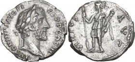 Antoninus Pius (138-161). AR Denarius, 140-143. Obv. Laureate head right. Rev. Virtus standing left, holding spear and parazonium. RIC III 102B. AR. 3...