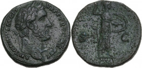 Antoninus Pius (138-161). AE Sestertius, Rome mint. Obv. Laureate head right. Rev. Minerva standing to right, brandishing javelin and holding shield; ...