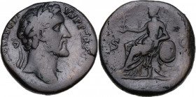 Antoninus Pius (138-161). AE Sestertius, 147 AD. Obv. Laureate head right. Rev. S C across field, Roma seated left, holding Victory and transverse spe...