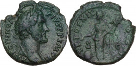 Antoninus Pius (138-161). AE As, 155-156. Obv. Head right, laureate. Rev. Providentia standing left, pointing on globe set on ground and holding scept...