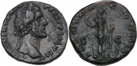 Antoninus Pius (138-161). AE Sestertius, 156-157 AD. Obv. Laureate head right. Rev. Annona standing right, foot on prow of galley; holding rudder, and...
