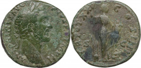 Antoninus Pius (138-161). AE Sestertius, Rome mint, 156-157 AD. Obv. Laureate head right. Rev. Annona standing right, left foot on prow, holding rudde...