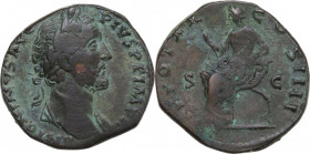 Antoninus Pius (138-161). AE Sestertius, 156-157. Obv. Bust right, laureate, draped on left shoulder. Rev. Securitas seated left on chair made of two ...
