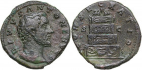 Divus Antoninus Pius (died 161 AD). AE Sestertius, 161 AD. Obv. Head right. Rev. Pyre of four tires, garlanded; on top, quadriga. RIC III (M. Aurel.) ...