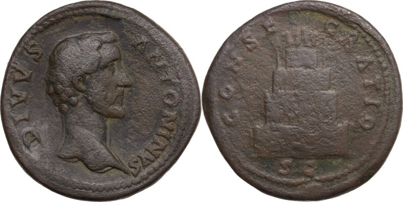 Divus Antoninus Pius (died 161 AD). AE Sestertius, 161 AD. Obv. Head right. Rev....