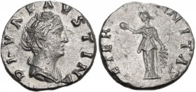 Faustina I (died 141 AD). AR Denarius, after 141 AD. Obv. Bust right, draped. Rev. Aeternitas standing left, holding globe and branch. RIC III cf. (A....