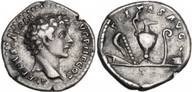 Marcus Aurelius as Caesar (139-161). AR Denarius, Rome mint. Obv. Bare head right. Rev. Emblems of the pontificate: secespita, aspergillum, guttus, li...
