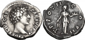 Marcus Aurelius as Caesar (139-161). AR Denarius, struck under Antoninus Pius, 147-148. Obv. Head right. Rev. Fides standing right, holding corn-ears ...