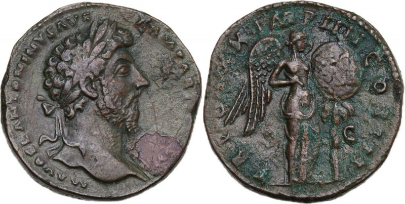 Marcus Aurelius (161-180). AE Sestertius, 166 AD. Obv. Laureate head right. Rev....