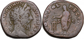 Marcus Aurelius (161-180). AE Sestertius, 171 AD. Obv. Laureate head right. Rev. Marcus Aurelius, in sacerdotal dress, standing left, sacrificing with...