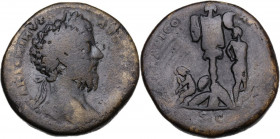 Marcus Aurelius (161-180). AE Sestertius, 173 AD. Obv. Laureate head right. Rev. Trophy between German woman seated on shields in attitude of mourning...