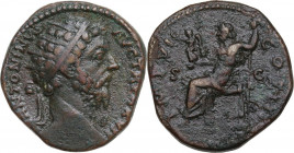 Marcus Aurelius (161-180). AE Dupondius, 172-173. Obv. Head right, radiate. Rev. Jupiter seated left, holding Victory and scepter. RIC III 1065. AE. 1...