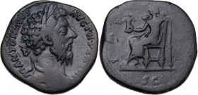 Marcus Aurelius (161-180). AE Sestertius, 174 AD. Obv. Laureate head right. Rev. Jupiter seated left, holding Victory and scepter. RIC III 1096. AE. 2...