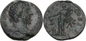 Marcus Aurelius (161-180). AE Sestertius, 174-175. Obv. Head right, laureate. Rev. Annona standing left, holding corn-ears, poppy and cornucopiae; at ...